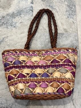 Cappelli Straworld Multicolor Woven Straw Tote — Purple, Pink & Natural